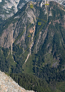 Nellie claim slope on Hardscrabble Peak from Burntboot. The cabin is just a few pixels from this far away. The Nellie Claim is an active mine on private property and entry is not permitted.