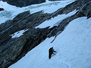 Traversing some steep snow after the slabs.