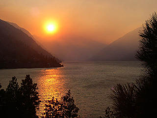 Second evening with lower humidity and smoke lingering on the lake at sunset.  Taken at 25 mile creek on south shore.