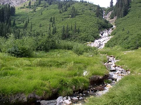 The North Fork of the Napeequa cascades down into the lower valley