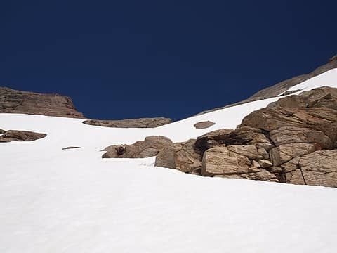 ascending snow ramp to flat ridge