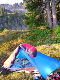 silnylon tarp-tent in Glacier Peak Wilderness, Washington.  (since cut up and converted into a groundsheet & an awning for tents).  The Z-lite sucks