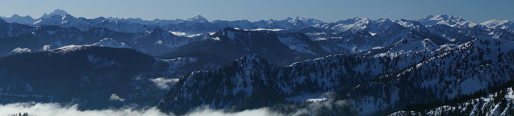 Panorama of Alpine Lakes Wilderness from Mt. Stuart to Mt. Hinman (from Jove Peak)