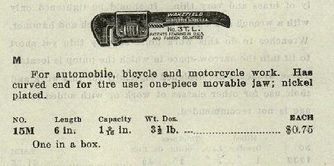 Wakefield 15M bicycle wrench - 1930 Union Hardware Co. catalog pp 300 J.E. Wakefield Wrench Co., Worcester, Massachusetts, USA made in USA
