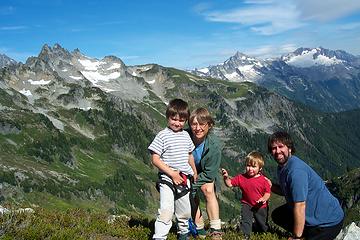 Near the top of Hidden Lake Peak (Aidan, 6 and Janick, 3 and two old geezers)
