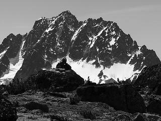 Eightmile mountains summit Cairn is overlooked by Mount Stuart