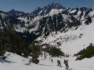 Heading out of the basin toward the summit of Eightmile with Stuart and associates in the background.  Alpine Lakes wilderness, WA