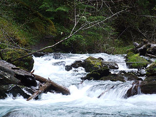 Whitewater over remains of log bridge