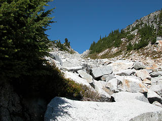 The pass looms ahead above the talus chute