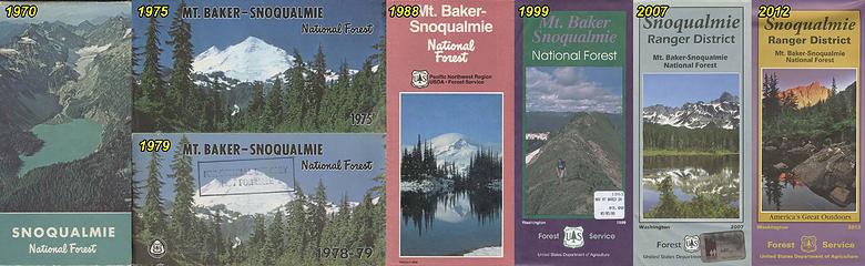 My collection of USFS recreation maps for the Snoqualmie, then Mount Baker Snoqualmie region