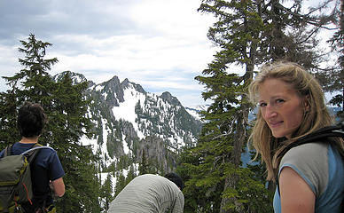 Alti-Babe poses while everyone else takes a break (first view of Treen Peak)