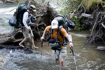 Yukon and Dicey wade through the stream