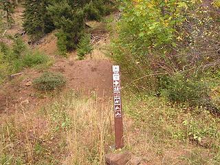Trail marker just over berm pointing to the one-track trail
