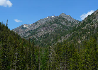 First view of Robinson (single small snow patch directly in the middle) from Beauty Creek crossing.