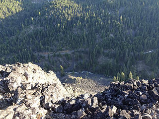 Looking down to the bottom of Manastash Canyon and forest road 31. The South Fork of Manastash Ck also in view.