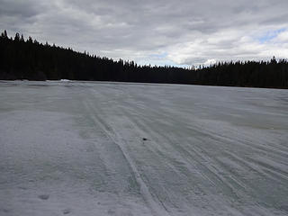 Snowmobile tracks on Manastash Lake.