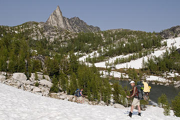 Prusik Peak dominates the sky on the descent to Rune Lake