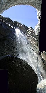 Snow cave waterfall - vertical pan - In spite of appearances, it is not a faulty stitch.