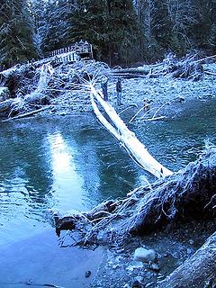 Somebody even rigged a handline, but today the log is coated with ice and no one is using it. ......... Actually, one woman tried; I wound up giving her a ride in my raft.
