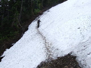Crossing one of the snow chutes on the McClellan Butte trail.