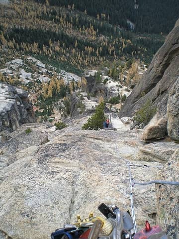 Looking down before the overhang traverse.