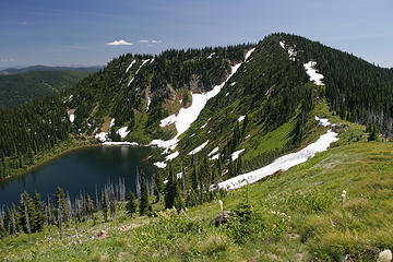Upper Siamese Lake from near the ridge, proposed Great Burn Wilderness, Bitterroot Divide, Montana.