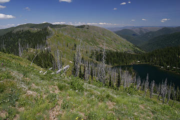 Upper Siamese Lake from near the ridge, proposed Great Burn Wilderness, Bitterroot Divide, Montana.
