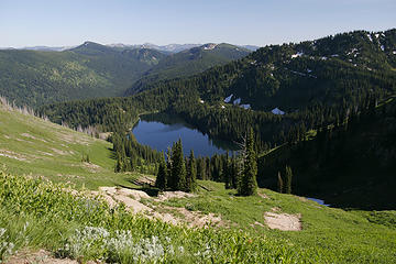 Lower Siamese Lake from the ridge, proposed Great Burn Wilderness, Bitterroot Divide, Montana.