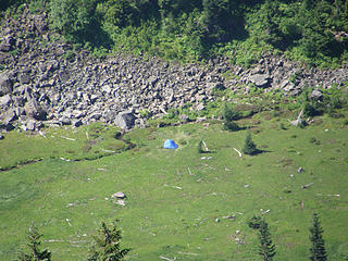 Zoom looking down at the meadow/tent from where we came on upper slopes of Rock Mtn.
