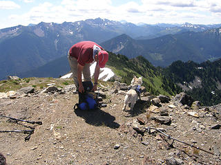 Man with Westie dog on Rock Mountain summit.