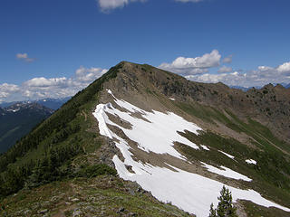 Views back to real summit from "other" summit. Noe of this snow had to be crossed.