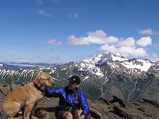 David and Mr. G with Glacier Peak behind on summit of Indian Head Aug. 3, 2008
