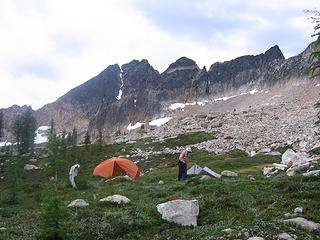 Camp in basin below Blackcap and Monument.