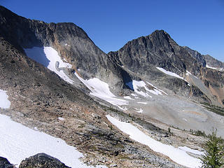 North faces of Carru and Lago during the traverse to gain the ridge to Ptarmigan.
