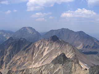 Looking over the summit of Blackcap 8397'  to Carru 8595' and Lago 8745' from Monument summit 8592'.