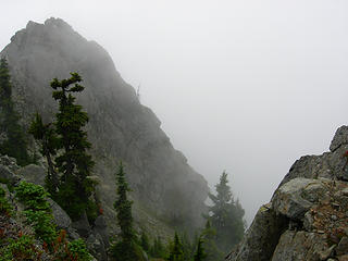 Spire on west summit in the fog