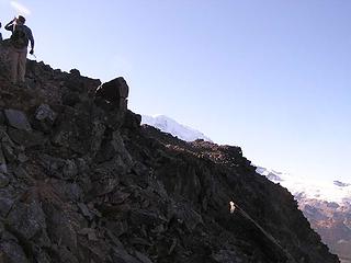 Jim in upper left corner as we scrabble some boulders towards summit