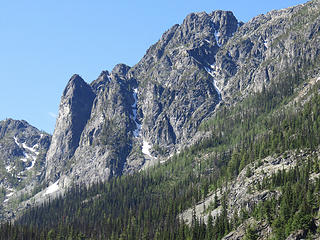 Eightmile Mountain to the right and below the vertical face to the left is the little tarn.