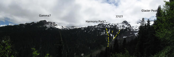 if I've got this right, this is the Dolly-Dusty High Route; dragged my unsuspecting nephews up there perhaps 2003; climbed 7717 & Gamma, and out Gamma Ridge (some blowdown but easy going).  Never found Gamma Hot Springs.