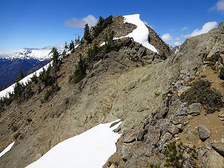 The ridge narrowed to a fin just below the summit. The rock is smooth and exposed on both sides. I downclimbed 50' and traversed above a steepish snowfield to get to easier ground. .