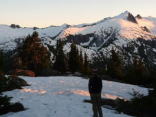 Karissa enjoying the alpenglow on Snowking from near our campsite.