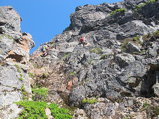 Reed and John on the crux, beginning of the ledge is just over Reed's head