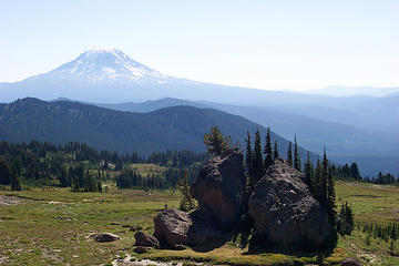 This is Split Rock and Mount Adams on PCT near Old Snowy Mountain in the Goat Rocks Wilderness.