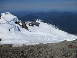 ice fall debris  as viewed from ( incorrectly named) "Pumice Ridge."Ice fell from Colfax Hanging Glacier, on left