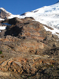 Beyond high camp and Railroad grade, the trail eventually disappears on this rocky ridge next to Easton glacier.