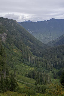 looking down into the valley from the top of the pass