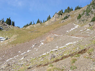 Trail continues up to left. Gully to right.