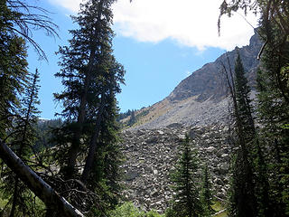 The end of river hiking, and the start of the climb up the outlet stream of  Crescent Lake.