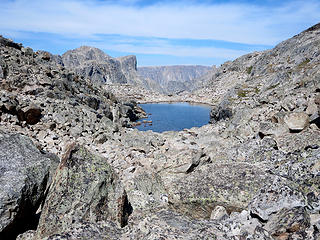 Leaving Bear Basin for Kevin Lake, one encounters this nightmarish tarn...cliffs on the left, endless talus on the right, and car-sized boulders in between. I chose the cliffs...
