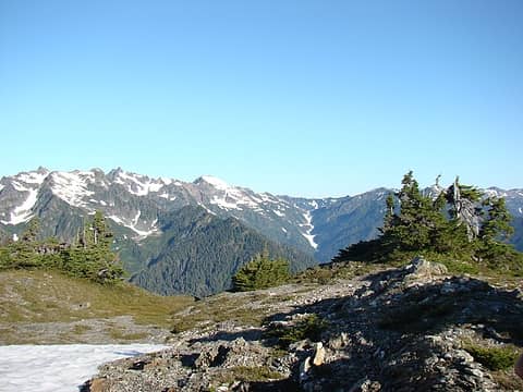 We climbed to the summit climber's left of the Col. The views from here were fantastic! This picture is looking west towards the Elwha Snowfinger and adjacent terrain.